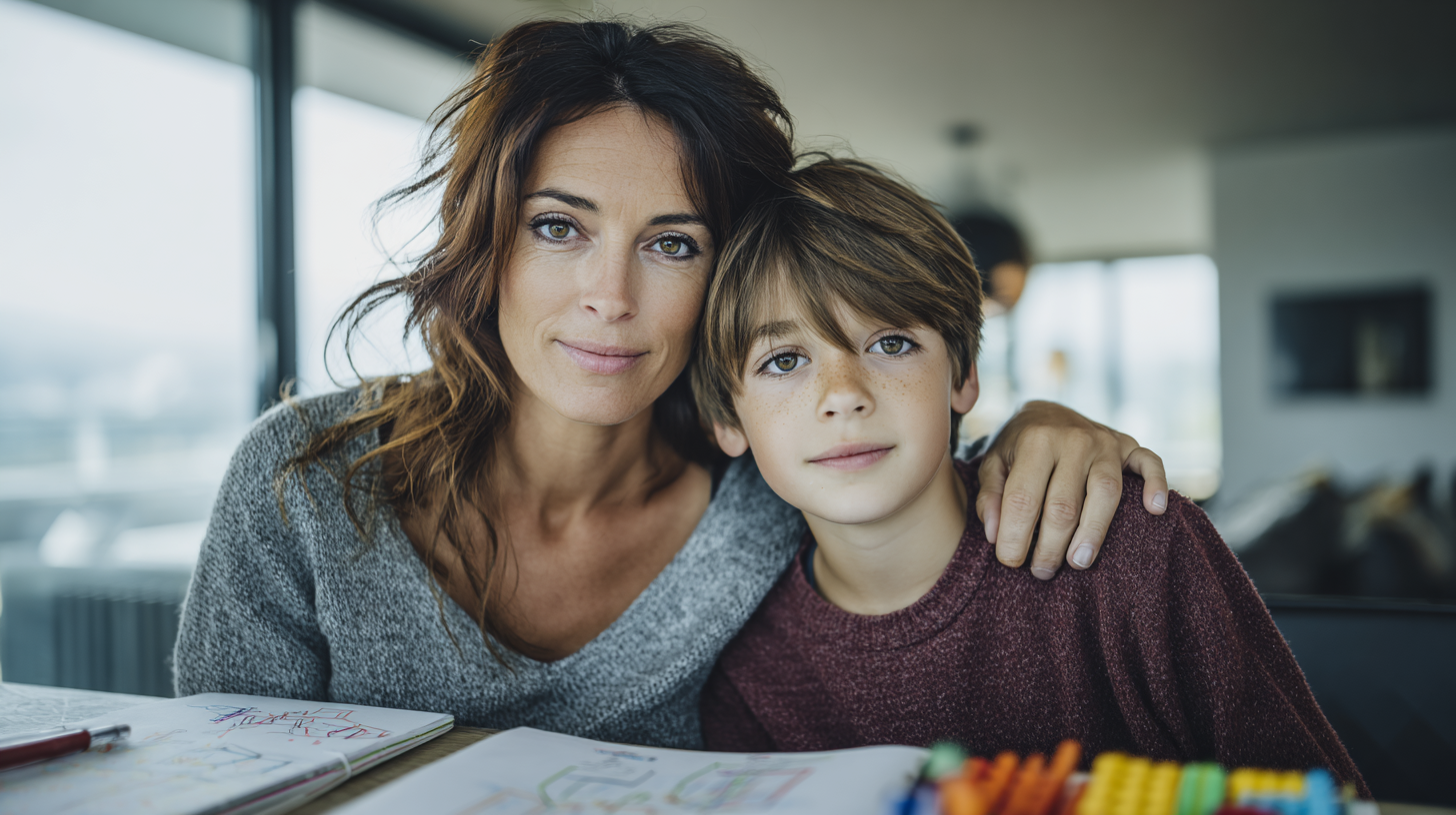 Beautiful mom helping frustrated 8-year-old son overcome I can't in math learning attitudes with supportive guidance