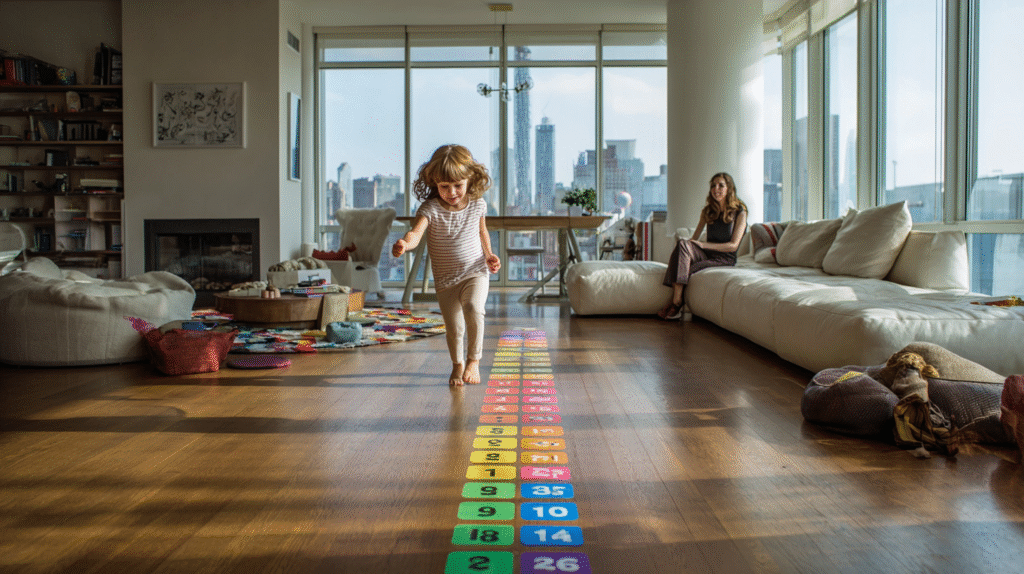 Interactive floor number line activity showing one more one less activities for kids in modern living room