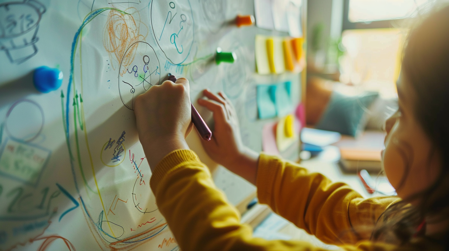 Child experiencing whiteboard benefits through hands-on learning with colorful markers and educational activities