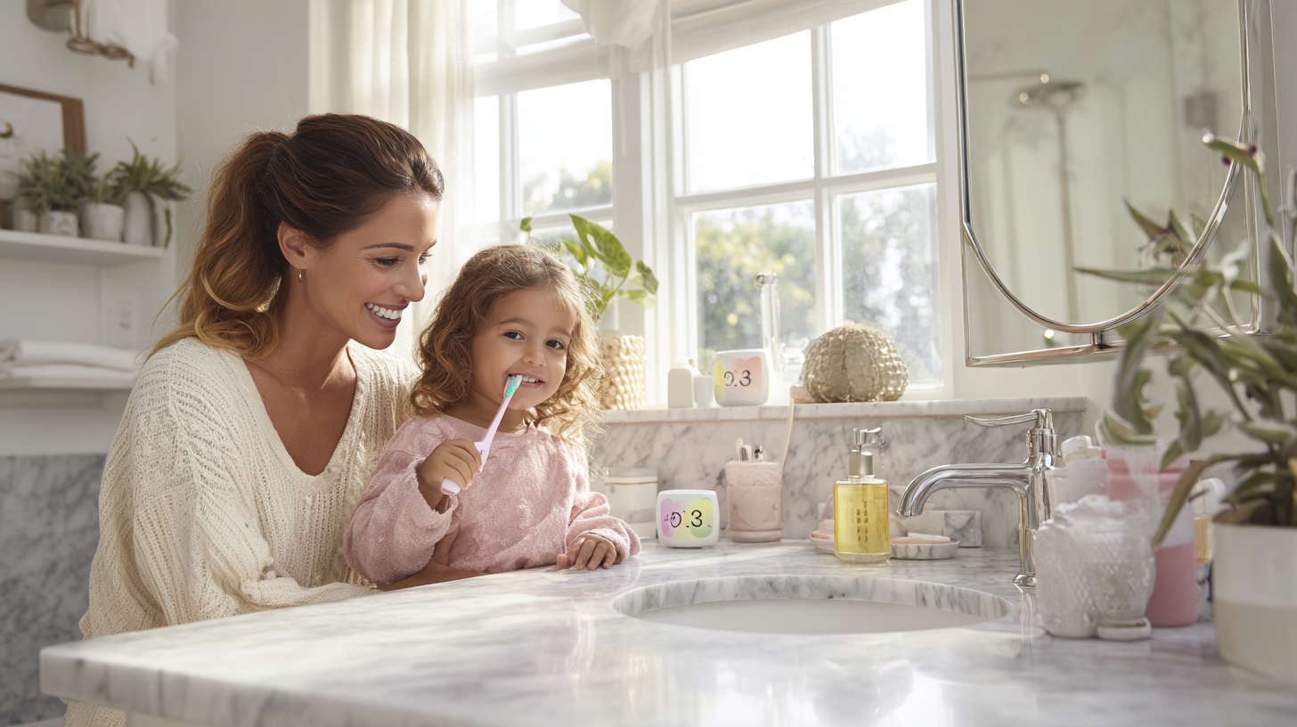 Children using countdown timer for proper tooth brushing technique in stylish family bathroom