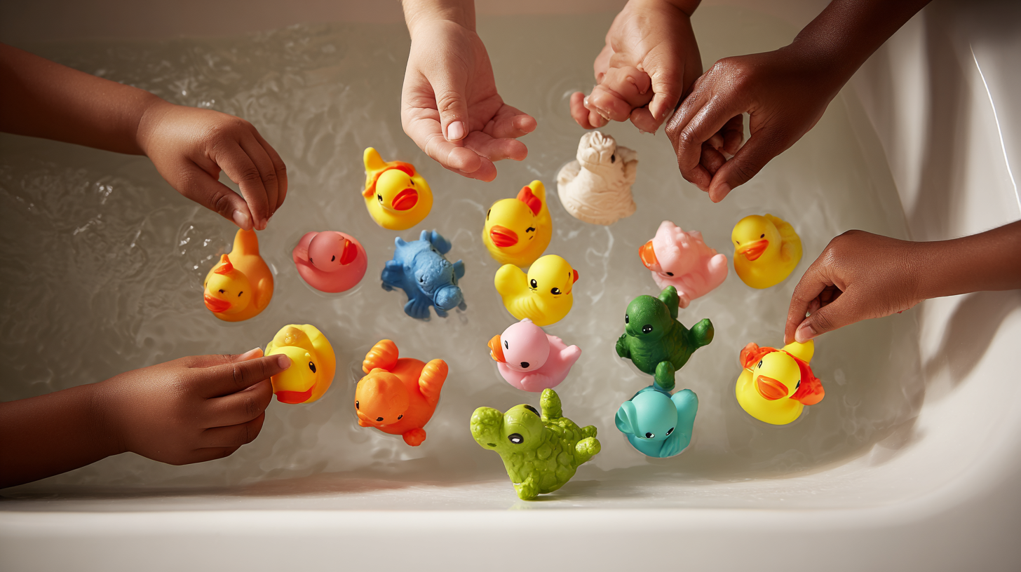 Children practicing bath time math activities for kids while counting and sorting colorful bath toys in organized groups