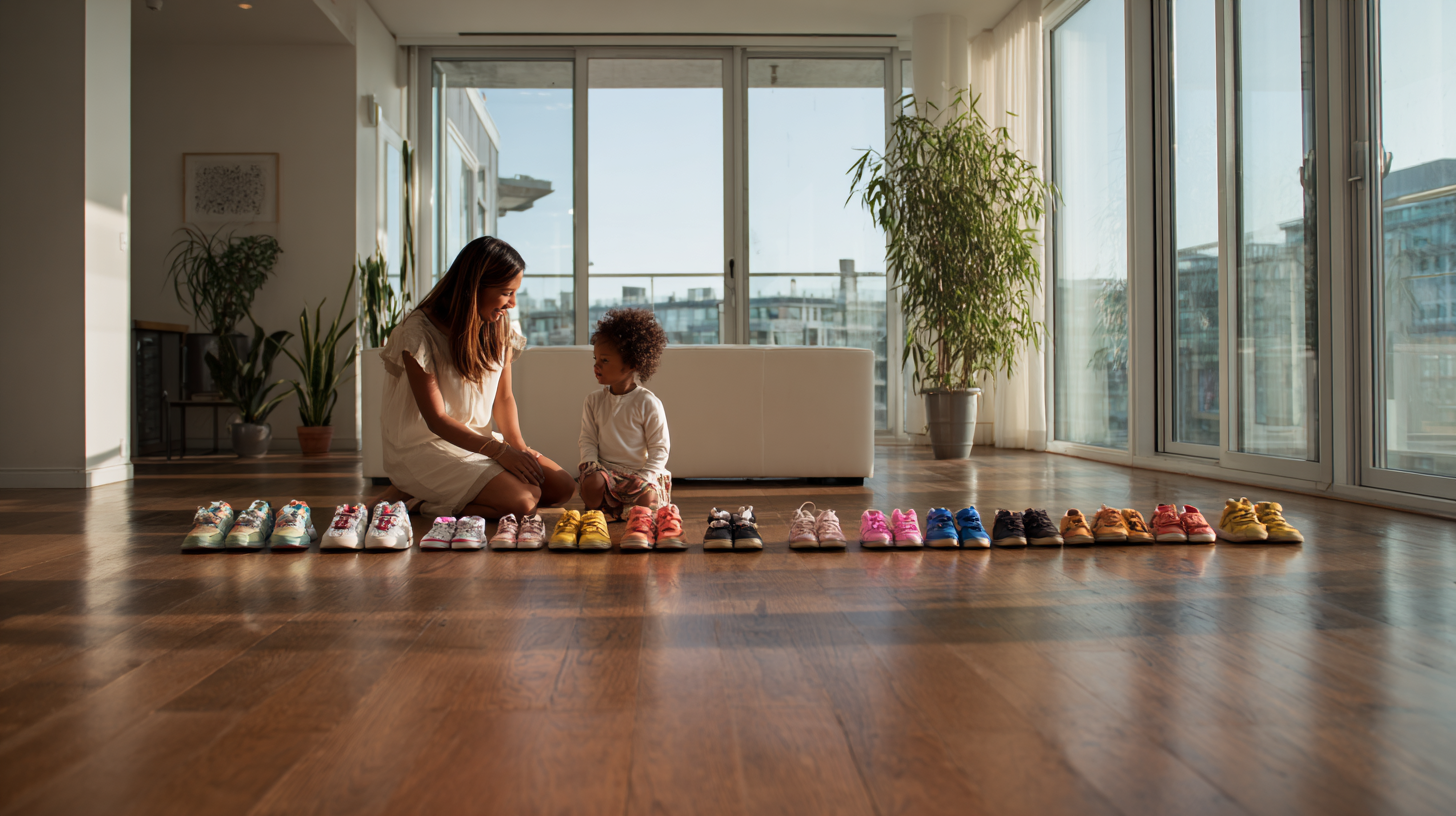 Children practicing measuring with shoes technique in stylish home environment