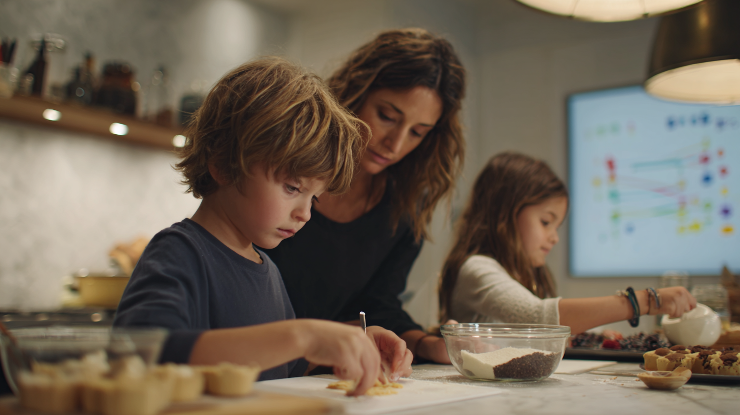 Family using number lines in the real world during cooking activities in modern kitchen