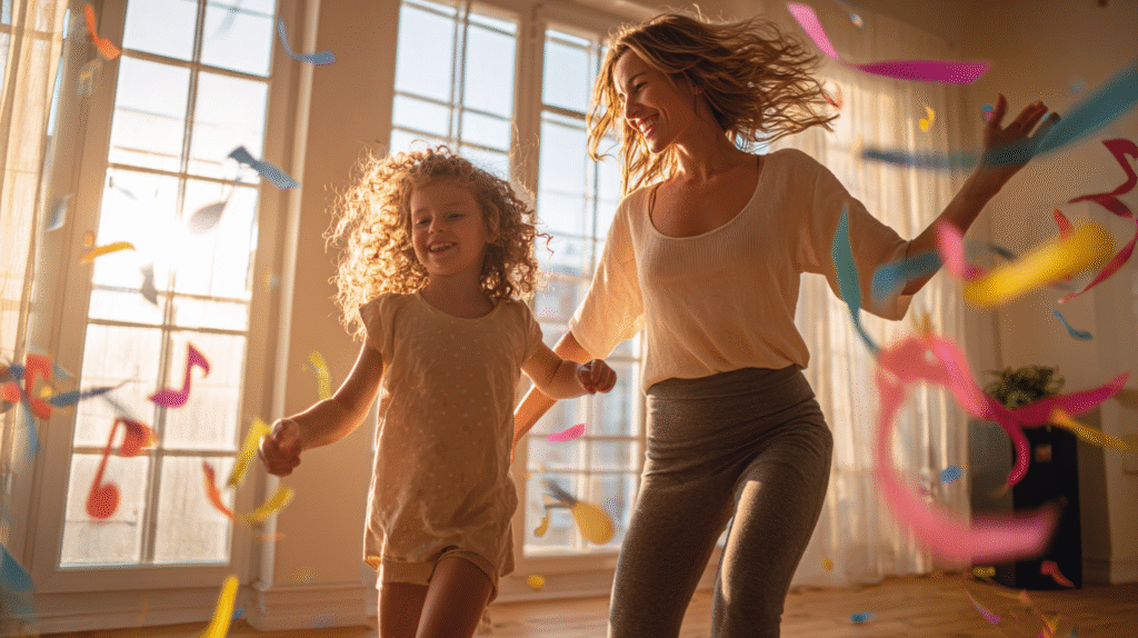 Beautiful mom teaching math through dance to 4-year-old daughter with joyful movement in bright living room