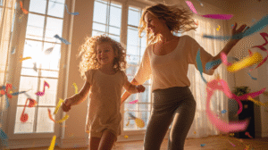 Beautiful mom teaching math through dance to 4-year-old daughter with joyful movement in bright living room