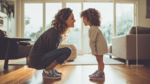Beautiful mom teaching measuring with shoes activity to 4-year-old daughter in modern living room