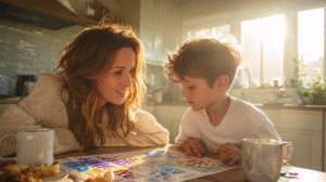 Beautiful mom leading morning calendar math routine with 5-year-old son at kitchen table