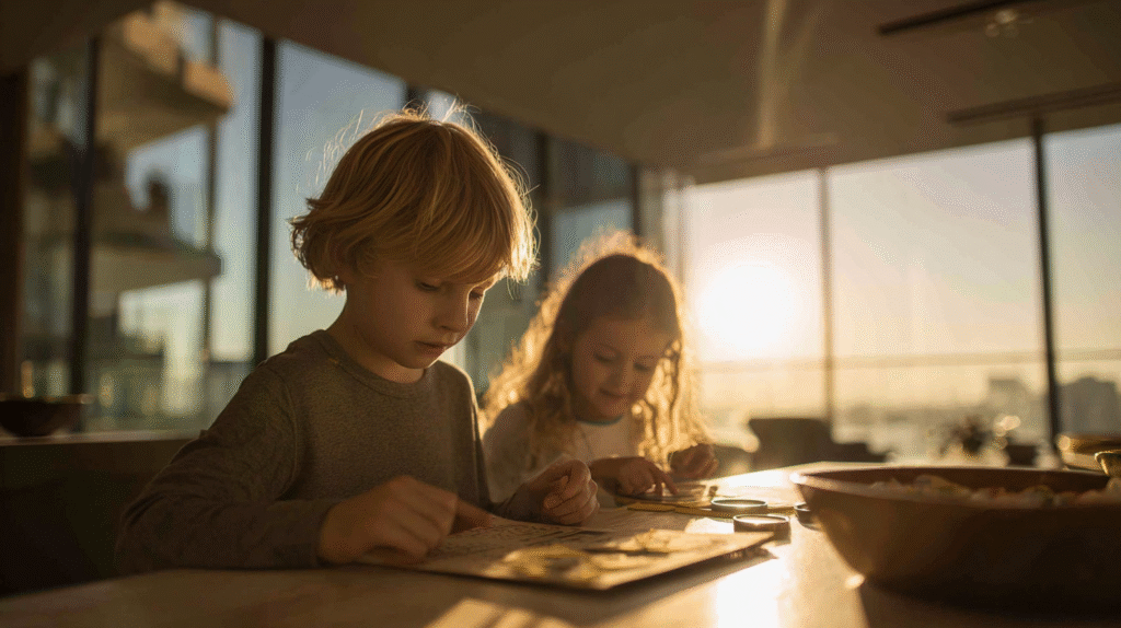 Indoor number scavenger hunt for kids showing children discovering numbers in modern home environment
