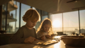 Indoor number scavenger hunt for kids showing children discovering numbers in modern home environment