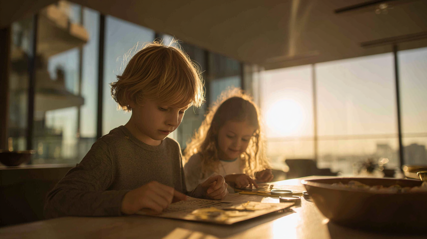 Indoor number scavenger hunt for kids showing children discovering numbers in modern home environment