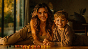 Beautiful mom teaching odd vs even numbers concepts to 8-year-old son using colorful counting objects in bright living room