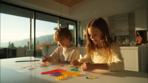Children engaged in one more one less activities for kids using colorful counting bears and number cards in modern home setting