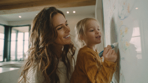 Beautiful mom teaching one more one less activities for kids using whiteboard in modern kitchen with happy daughter