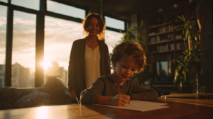 Mother watching proudly as young child works through challenging homework assignment, showing how parents can praise the process in learning for long-term success.