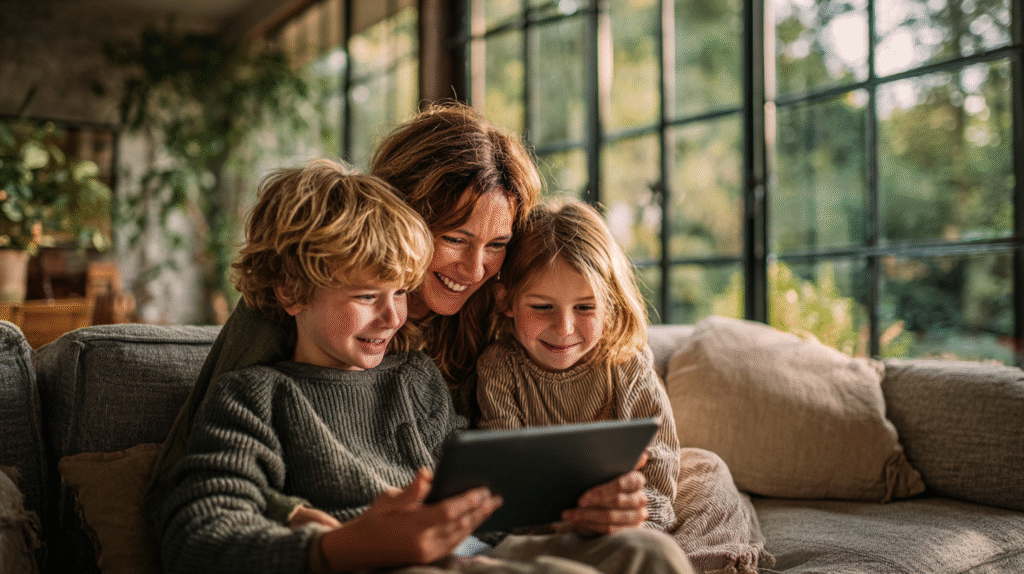 Screen time that teaches math with mother and children using educational tablet together