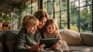 Screen time that teaches math with mother and children using educational tablet together