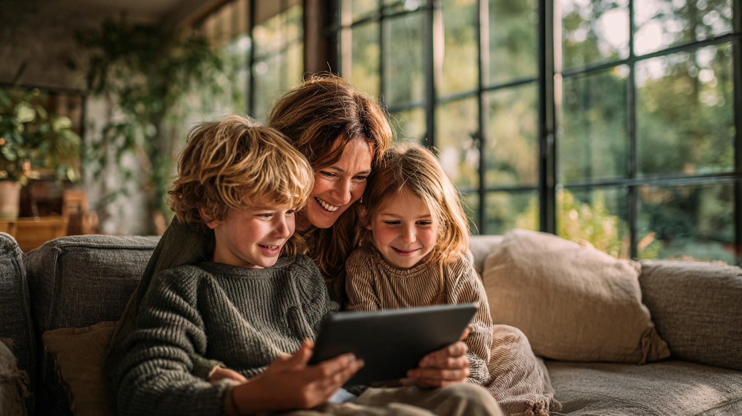 Screen time that teaches math with mother and children using educational tablet together