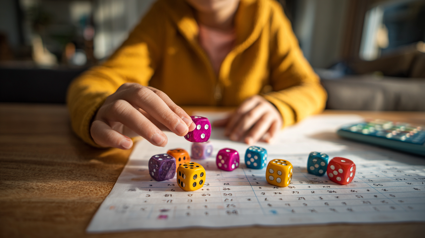Colorful dice games for multiplication practice with child's hands and math worksheets