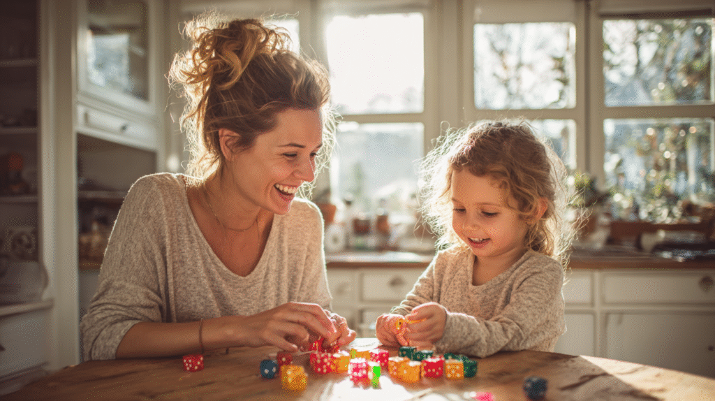 Mom and daughter enjoying dice games for multiplication practice at home kitchen table