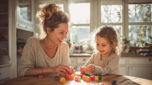Mom and daughter enjoying dice games for multiplication practice at home kitchen table