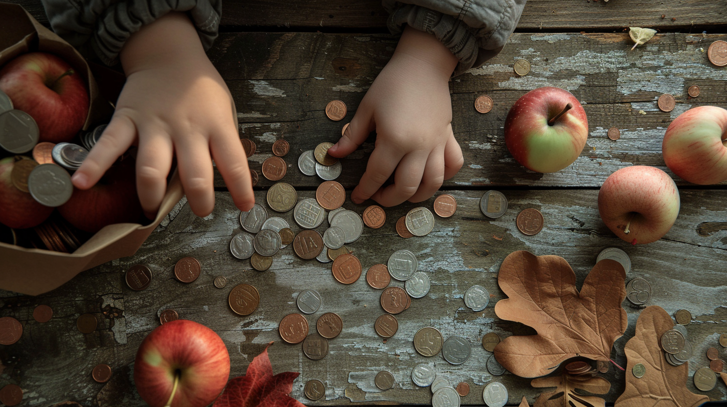 Children practicing money math at farmers market by counting coins for produce purchases