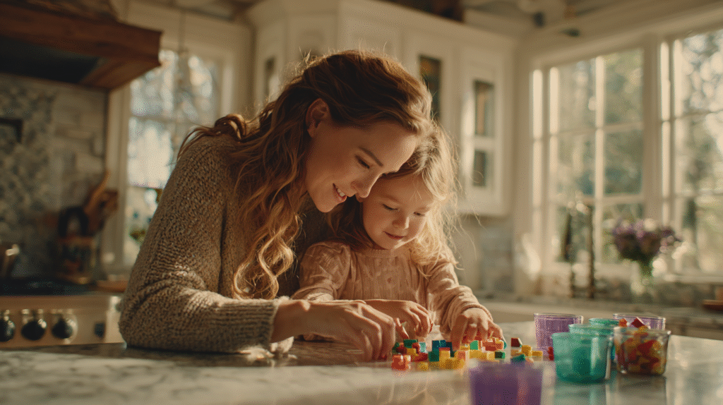 Mother and daughter doing kitchen timer math challenges with measuring cups and digital timer