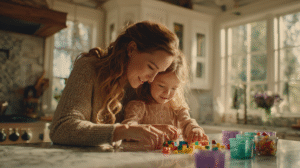 Mother and daughter doing kitchen timer math challenges with measuring cups and digital timer