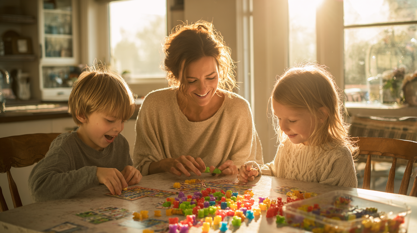 Family enjoying make 10 activities together with colorful manipulatives and math games