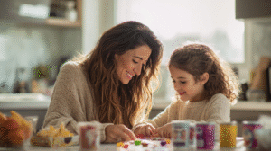 Mom and children doing math with recyclables activities at home