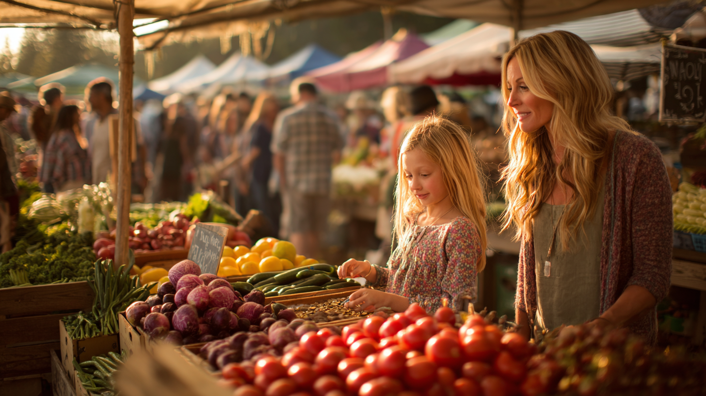 Mother teaching money math at farmers market with children counting coins for fresh produce purchases