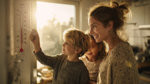 Family enjoying morning weather temperature math activities together in bright kitchen