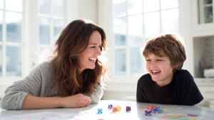 Mother and son enjoying Roll-and-Add Challenges math games with dice at kitchen table