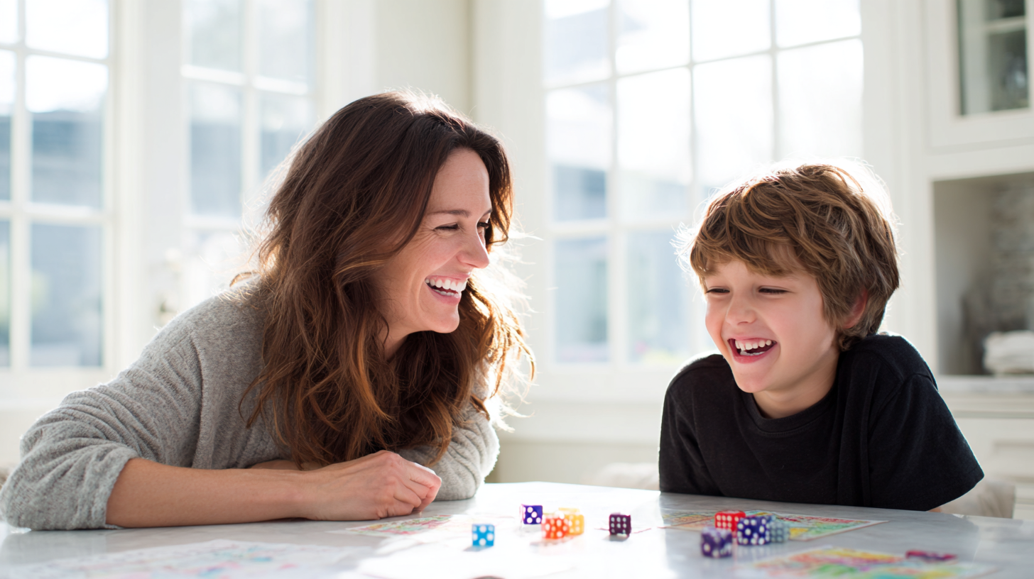Mother and son enjoying Roll-and-Add Challenges math games with dice at kitchen table