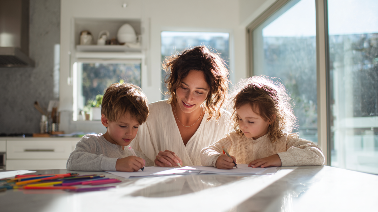 Mother helping children with sibling math rivalry during family learning time at kitchen table