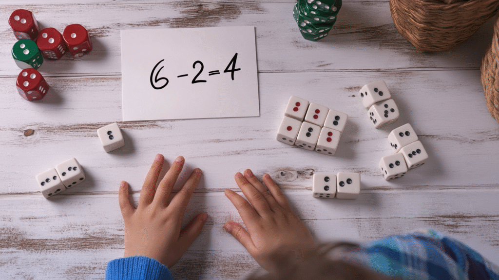 Child's hands working on domino subtraction activity with math manipulatives and equation writing