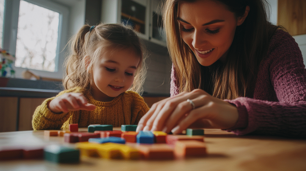 Mom and daughter practicing domino subtraction activity together at kitchen table with colorful math manipulatives