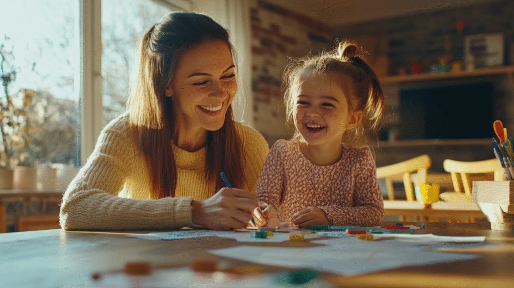 Beautiful mother helping daughter reduce math anxiety through playful learning at kitchen table with joyful laughter