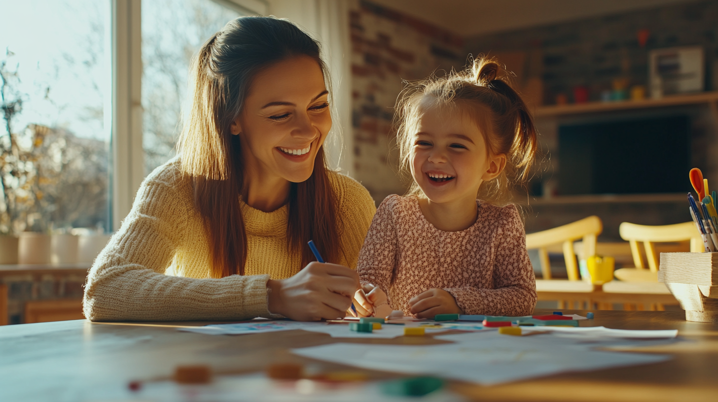Beautiful mother helping daughter reduce math anxiety through playful learning at kitchen table with joyful laughter