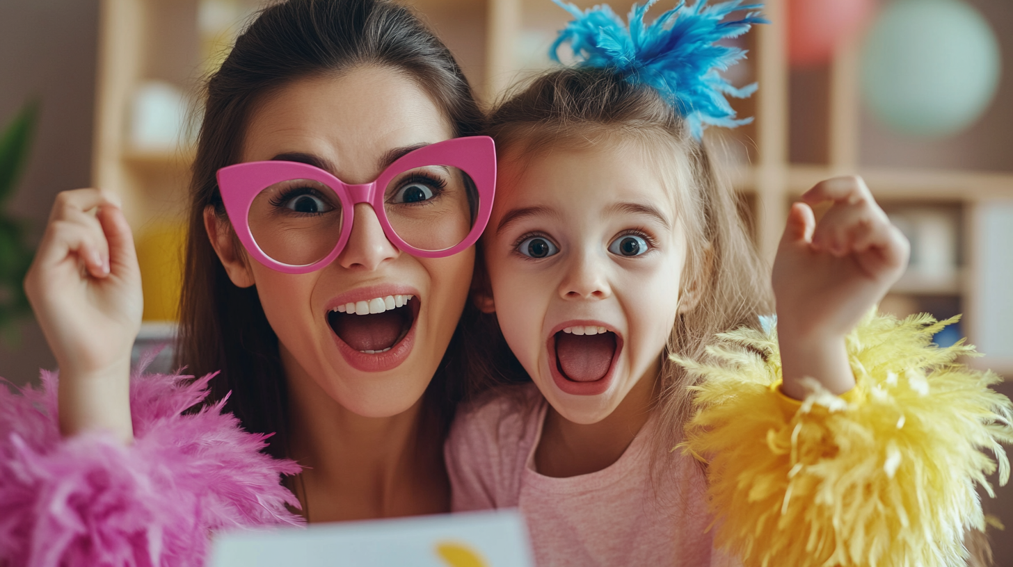Mother and daughter using humor and silly props to reduce math anxiety during fun learning time