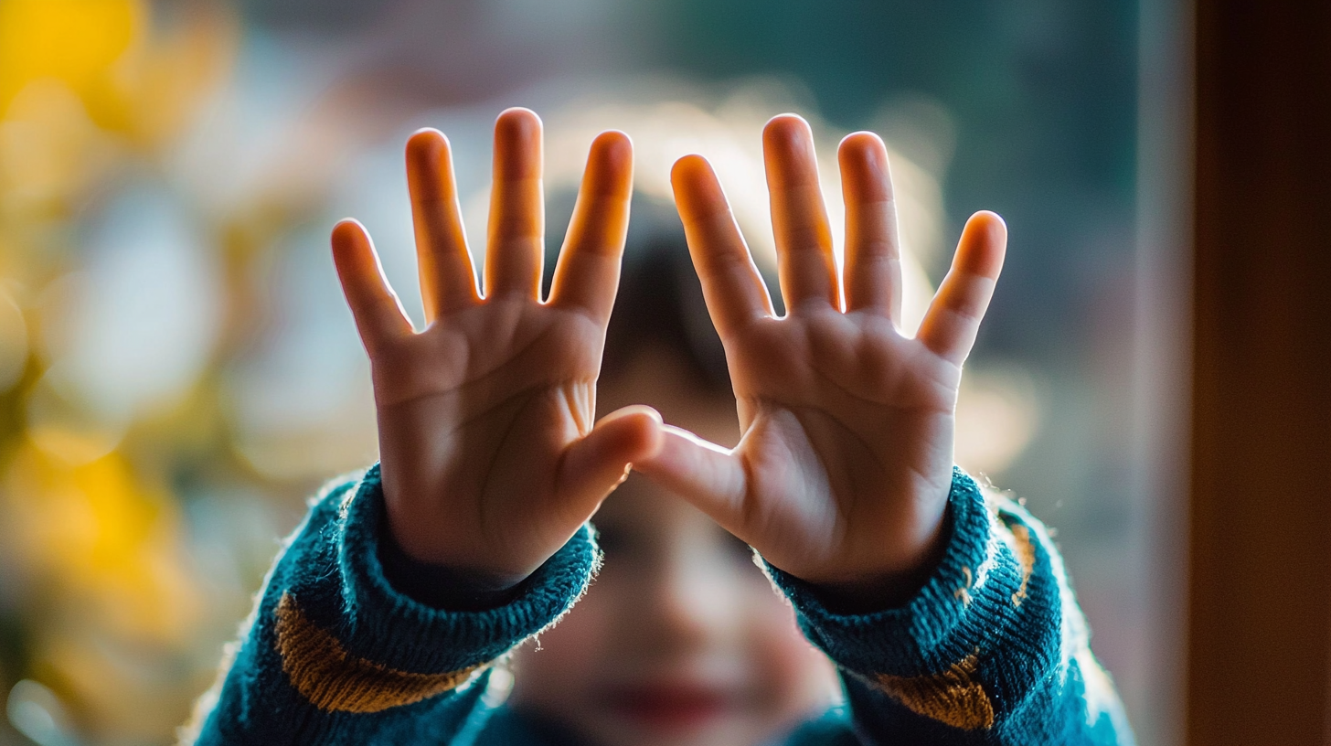 Close-up of child's hands using finger math strategies to solve simple addition problems at home