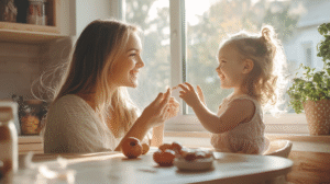 Beautiful mother and young daughter practicing finger math strategies together at kitchen table with natural sunlight
