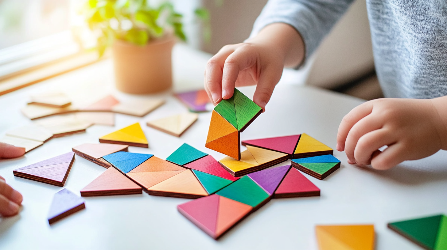 Child's hands solving math puzzles for kids using colorful tangram pieces with mom's guidance
