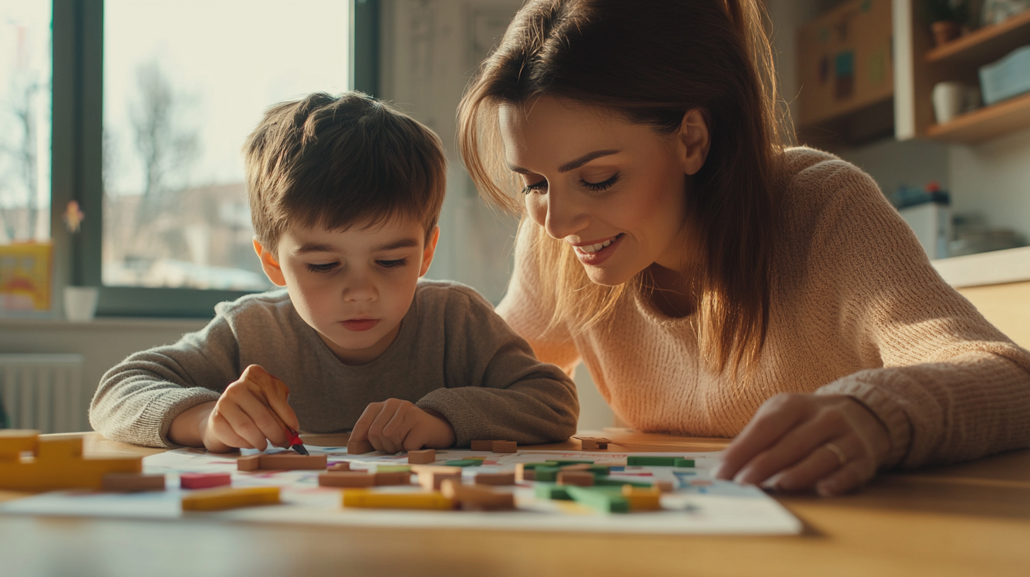 Mom and son working together on math puzzles for kids at kitchen table with tangrams and worksheets