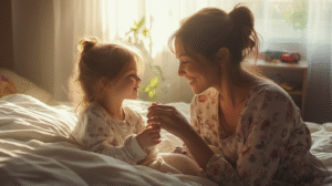 Mom and daughter playing skip counting games together during morning wake-up routine in bright bedroom
