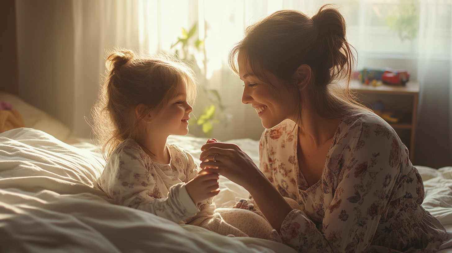 Mom and daughter playing skip counting games together during morning wake-up routine in bright bedroom