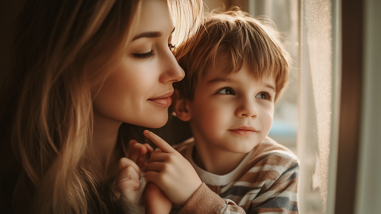 Mother teaching skip counting games to young boy during morning routine with natural lighting